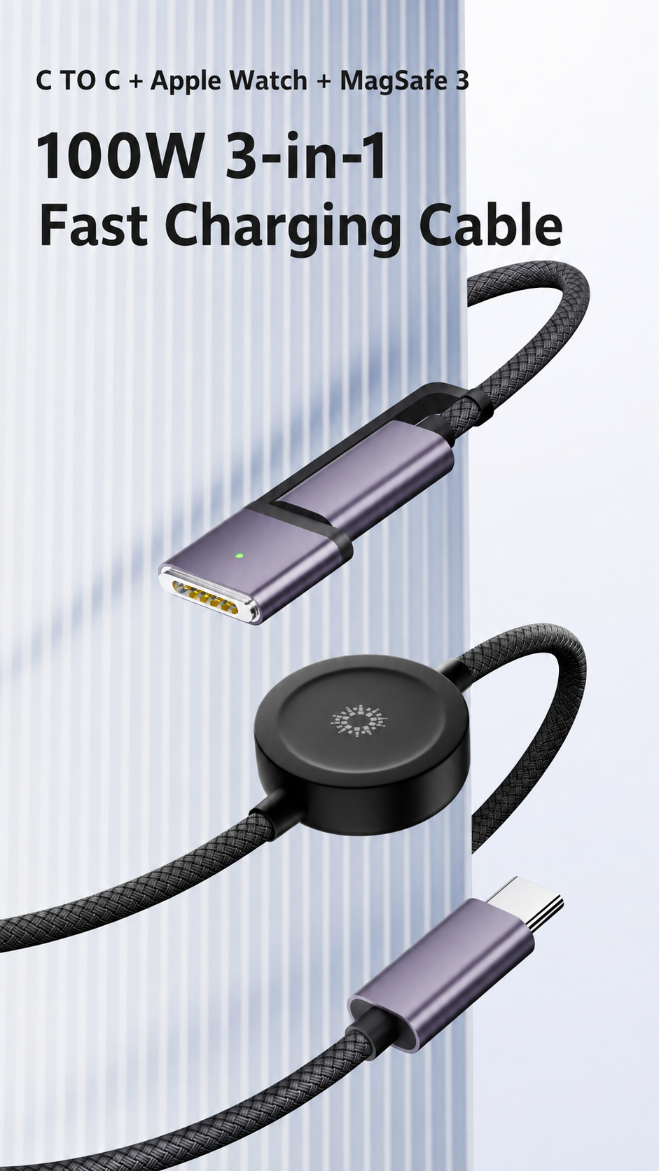 Meenova 100W 3-in-1 USB-C Cable with Apple Watch Charger & MagSafe 3 Adapter, 1.5m Braided PD Data Cable