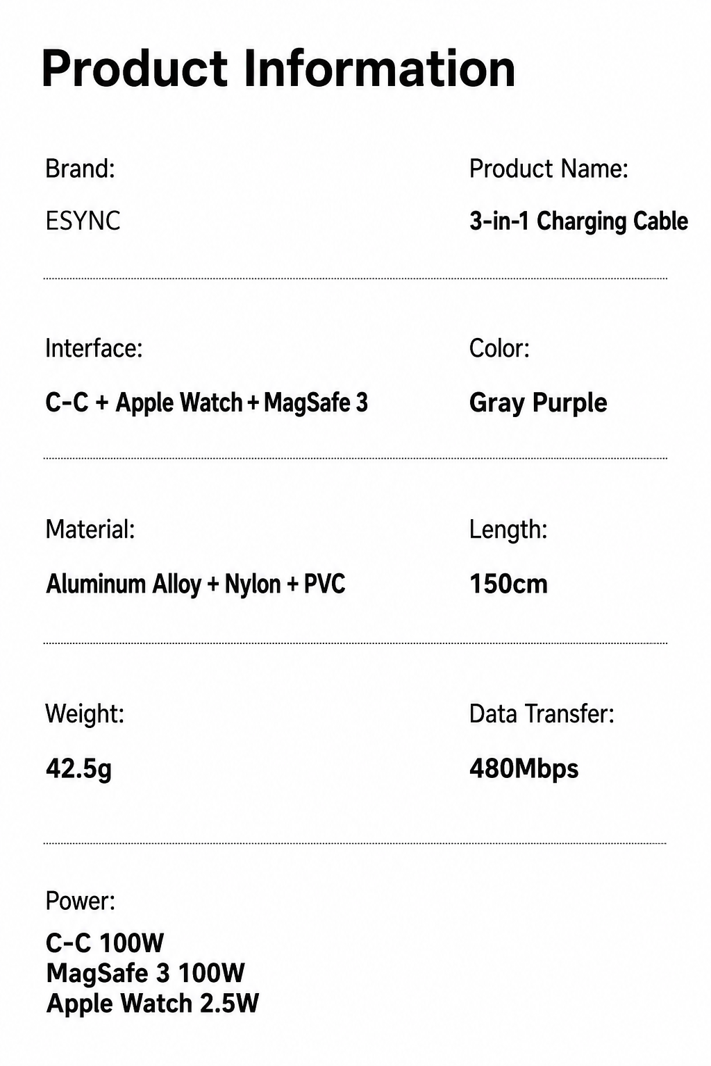 Meenova 100W 3-in-1 USB-C Cable with Apple Watch Charger & MagSafe 3 Adapter, 1.5m Braided PD Data Cable