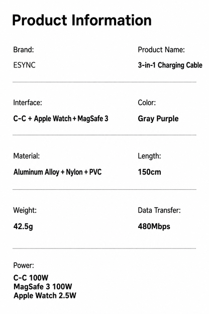 Meenova 100W 3-in-1 USB-C Cable with Apple Watch Charger & MagSafe 3 Adapter, 1.5m Braided PD Data Cable for iPhone 18 Pro Max, iPhone Duo & More