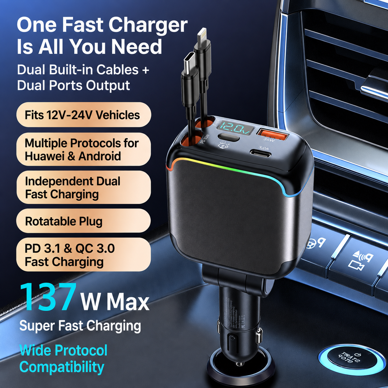 Meenova N28 137W 4-in-1 Retractable Car Charger with 65W USB-C Cable, Lightning-Compatible Cable, Voltage Display & Ambient Light