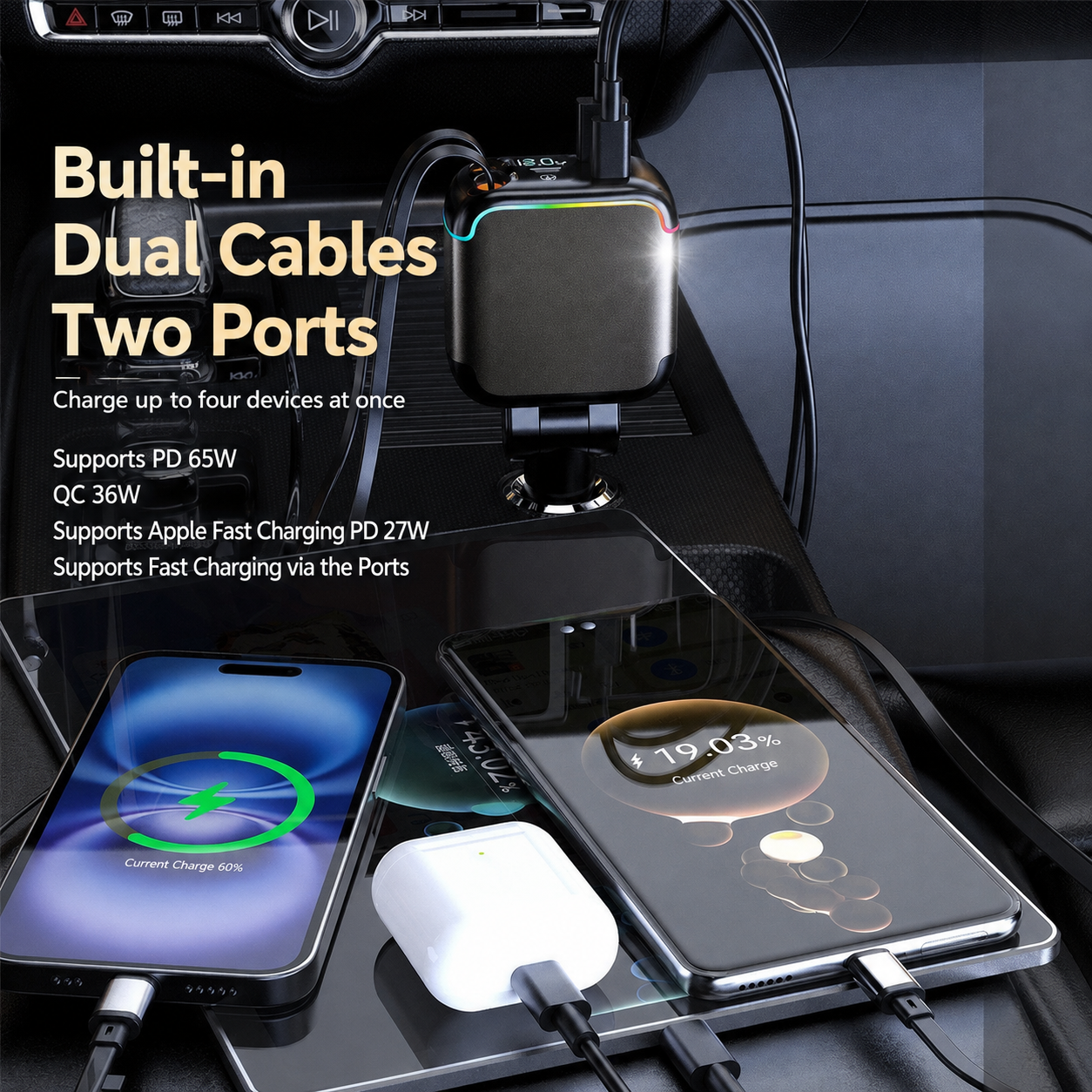 Meenova N28 137W 4-in-1 Retractable Car Charger with 65W USB-C Cable, Lightning-Compatible Cable, Voltage Display & Ambient Light