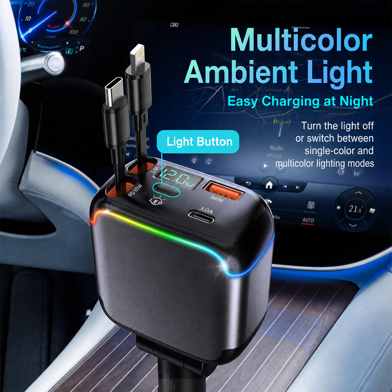 Meenova N28 137W 4-in-1 Retractable Car Charger with 65W USB-C Cable, Lightning-Compatible Cable, Voltage Display & Ambient Light