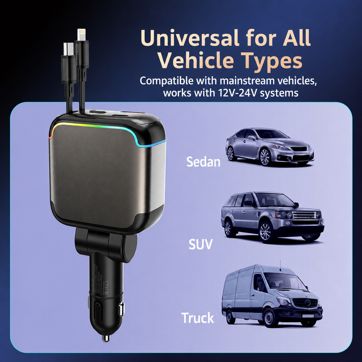 Meenova N28 137W 4-in-1 Retractable Car Charger with 65W USB-C Cable, Lightning-Compatible Cable, Voltage Display & Ambient Light