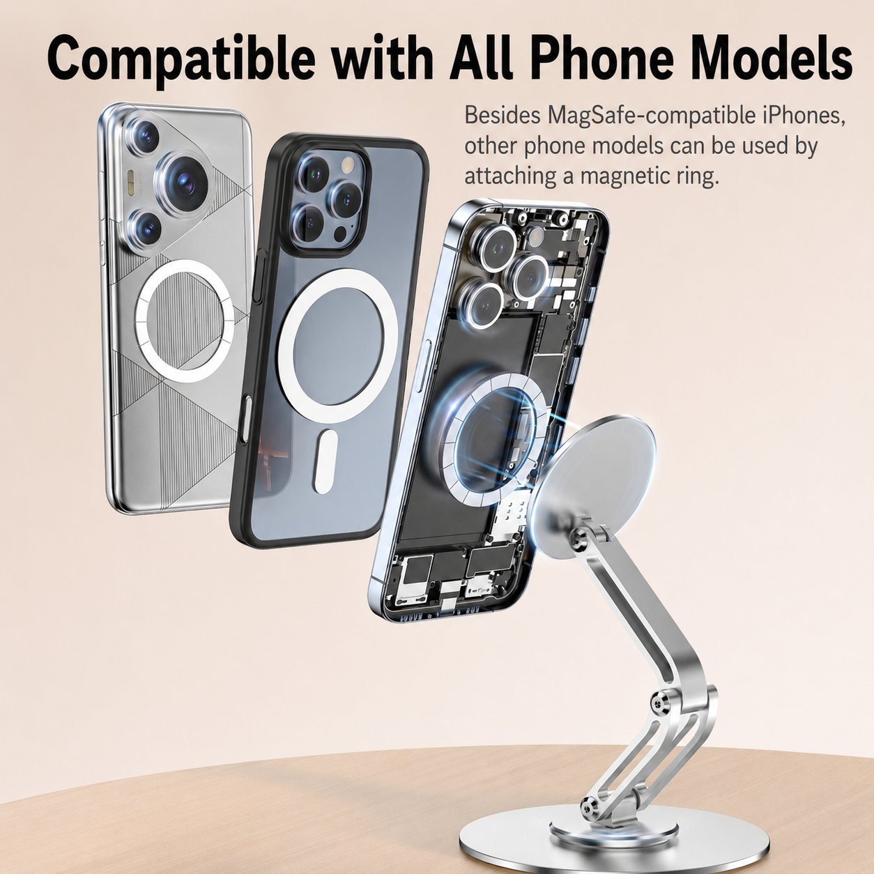 Meenova N52 360° Rotating Foldable Magnetic Phone Stand, Aluminum Alloy Adjustable Desktop Holder for MagSafe-Compatible Phones
