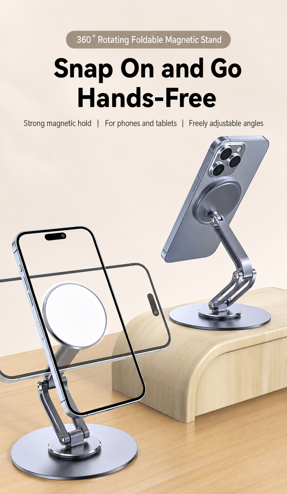 Meenova N52 360° Rotating Foldable Magnetic Phone Stand, Aluminum Alloy Adjustable Desktop Holder for MagSafe-Compatible Phones