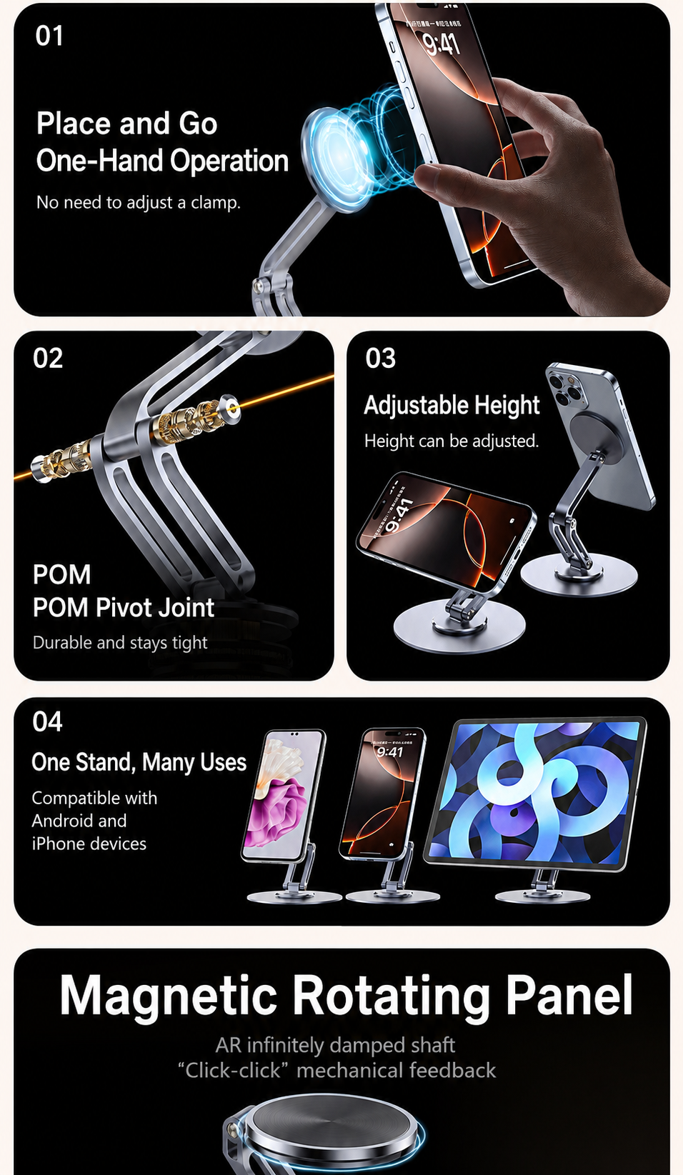 Meenova N52 360° Rotating Foldable Magnetic Phone Stand, Aluminum Alloy Adjustable Desktop Holder for MagSafe-Compatible Phones