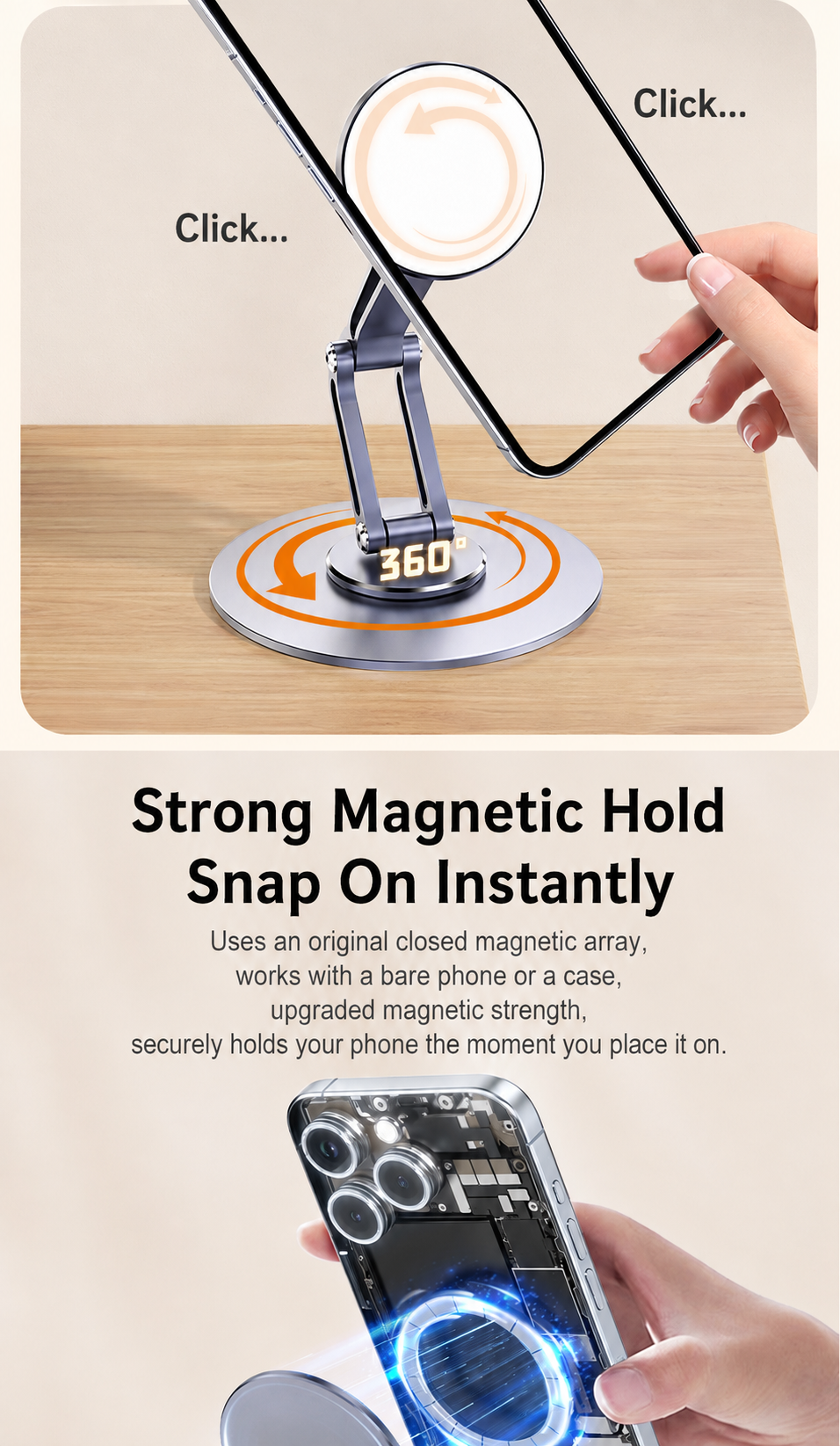 Meenova N52 360° Rotating Foldable Magnetic Phone Stand, Aluminum Alloy Adjustable Desktop Holder for MagSafe-Compatible Phones