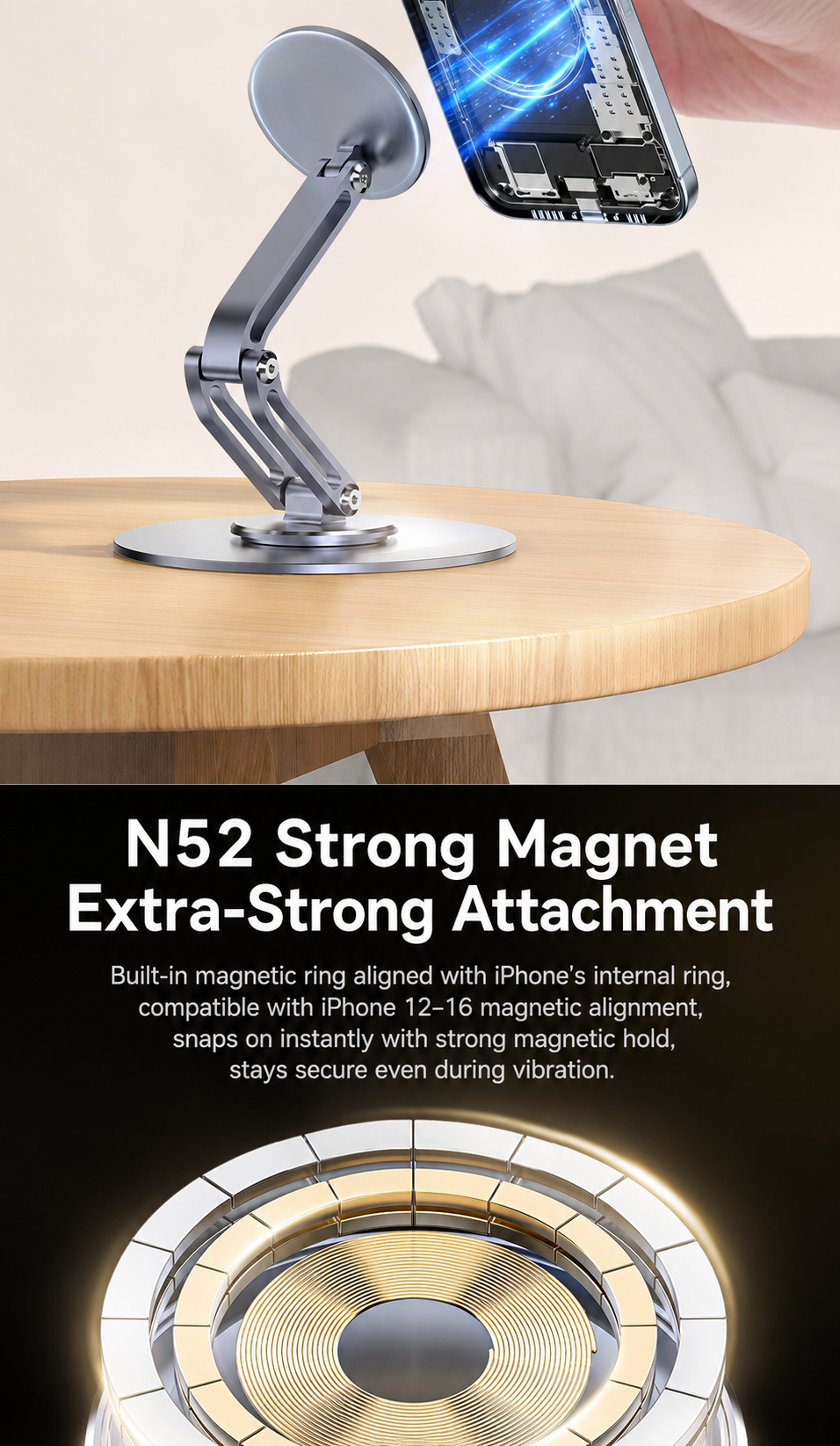 Meenova N52 360° Rotating Foldable Magnetic Phone Stand, Aluminum Alloy Adjustable Desktop Holder for MagSafe-Compatible Phones