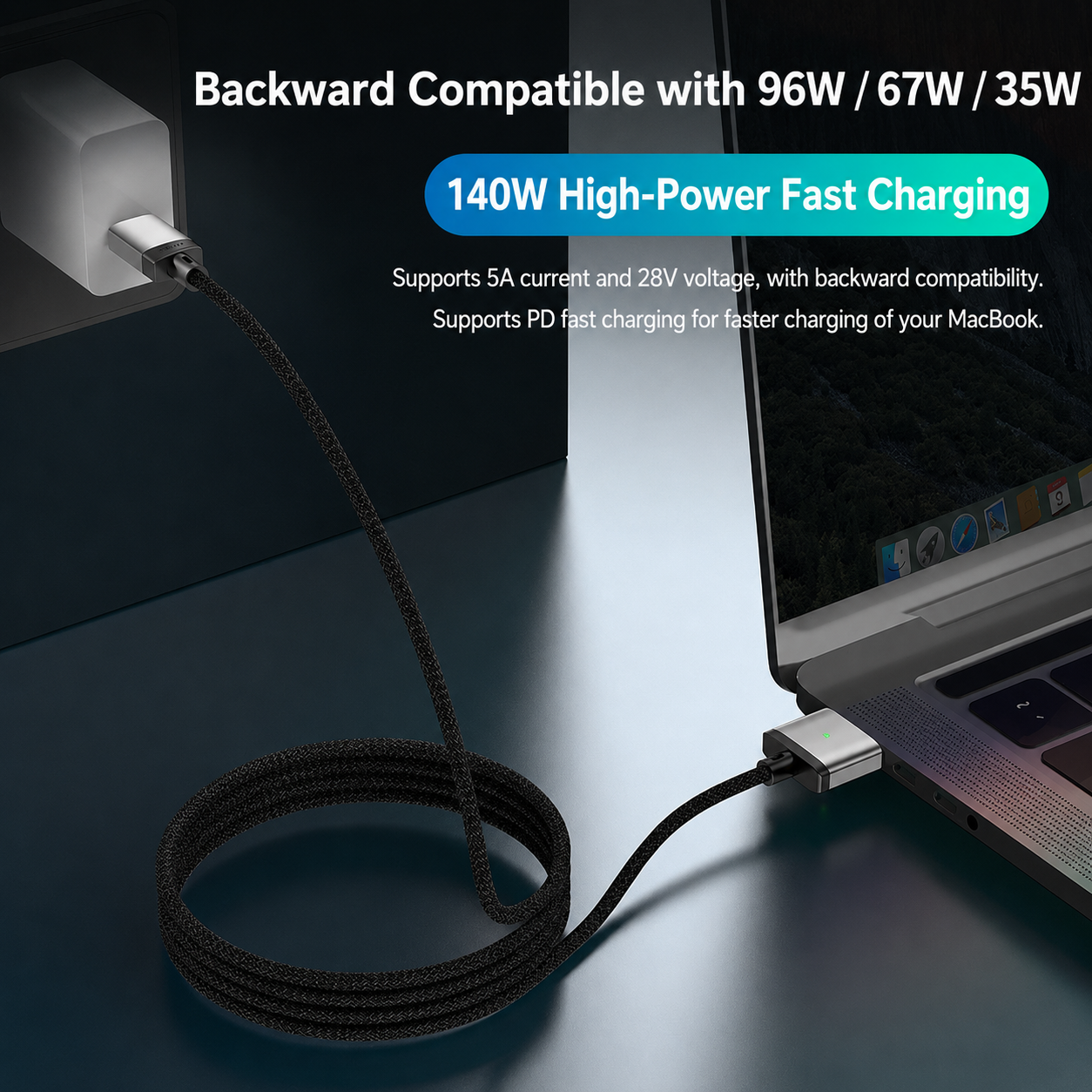 140W USB-C to MagSafe 3 Magnetic Charging Cable – 2M Braided Cord, PD 3.1 Fast Charge, LED Indicator for MacBook Air/Pro
