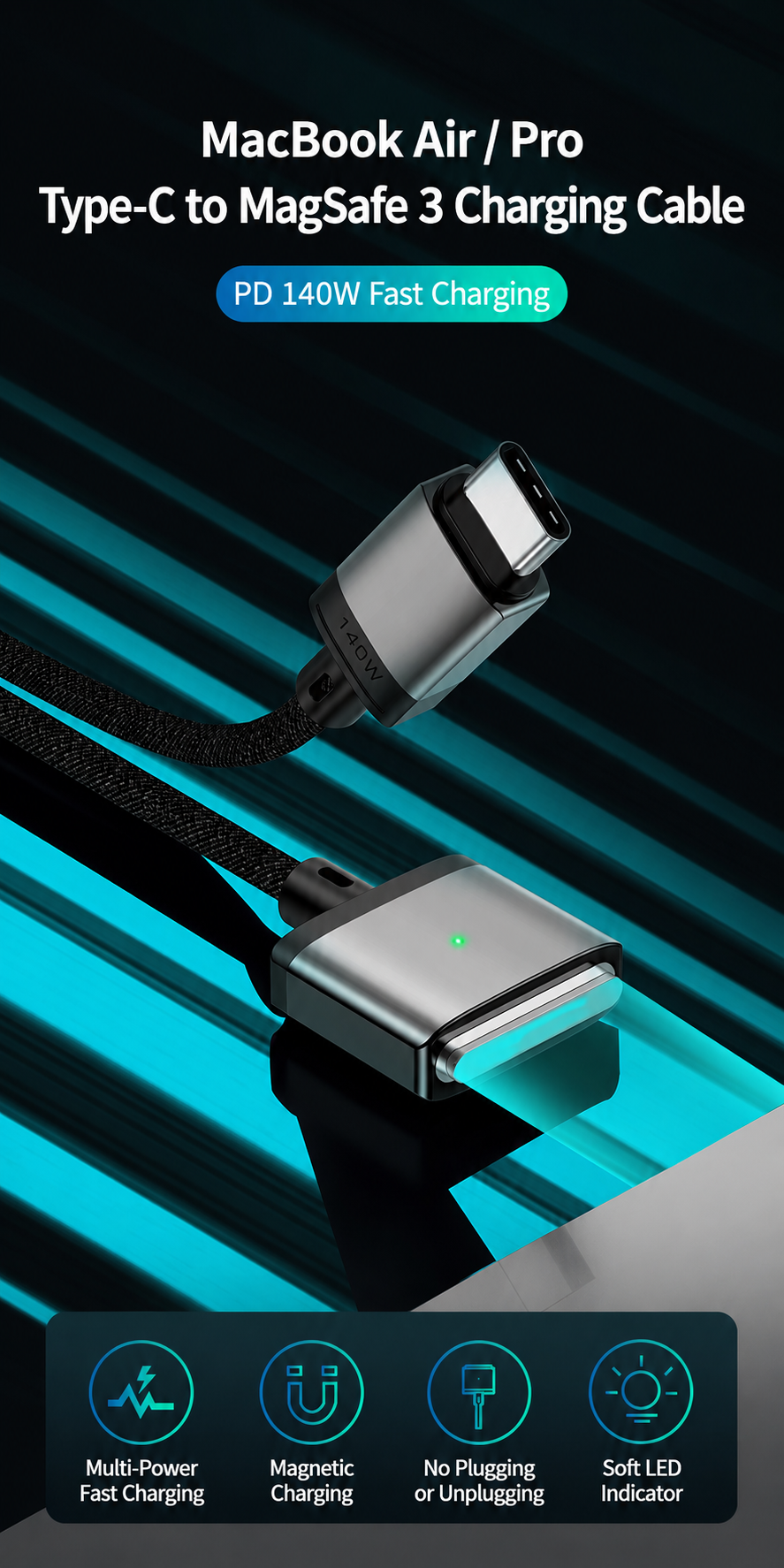 140W USB-C to MagSafe 3 Magnetic Charging Cable – 2M Braided Cord, PD 3.1 Fast Charge, LED Indicator for MacBook Air/Pro