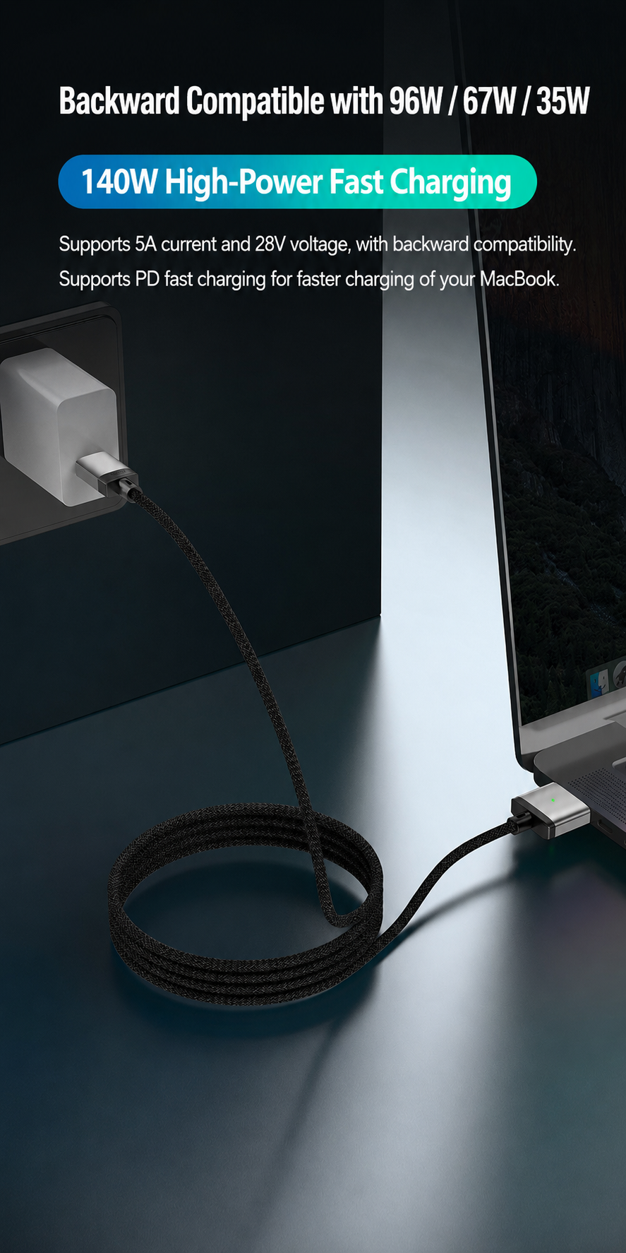 140W USB-C to MagSafe 3 Magnetic Charging Cable – 2M Braided Cord, PD 3.1 Fast Charge, LED Indicator for MacBook Air/Pro