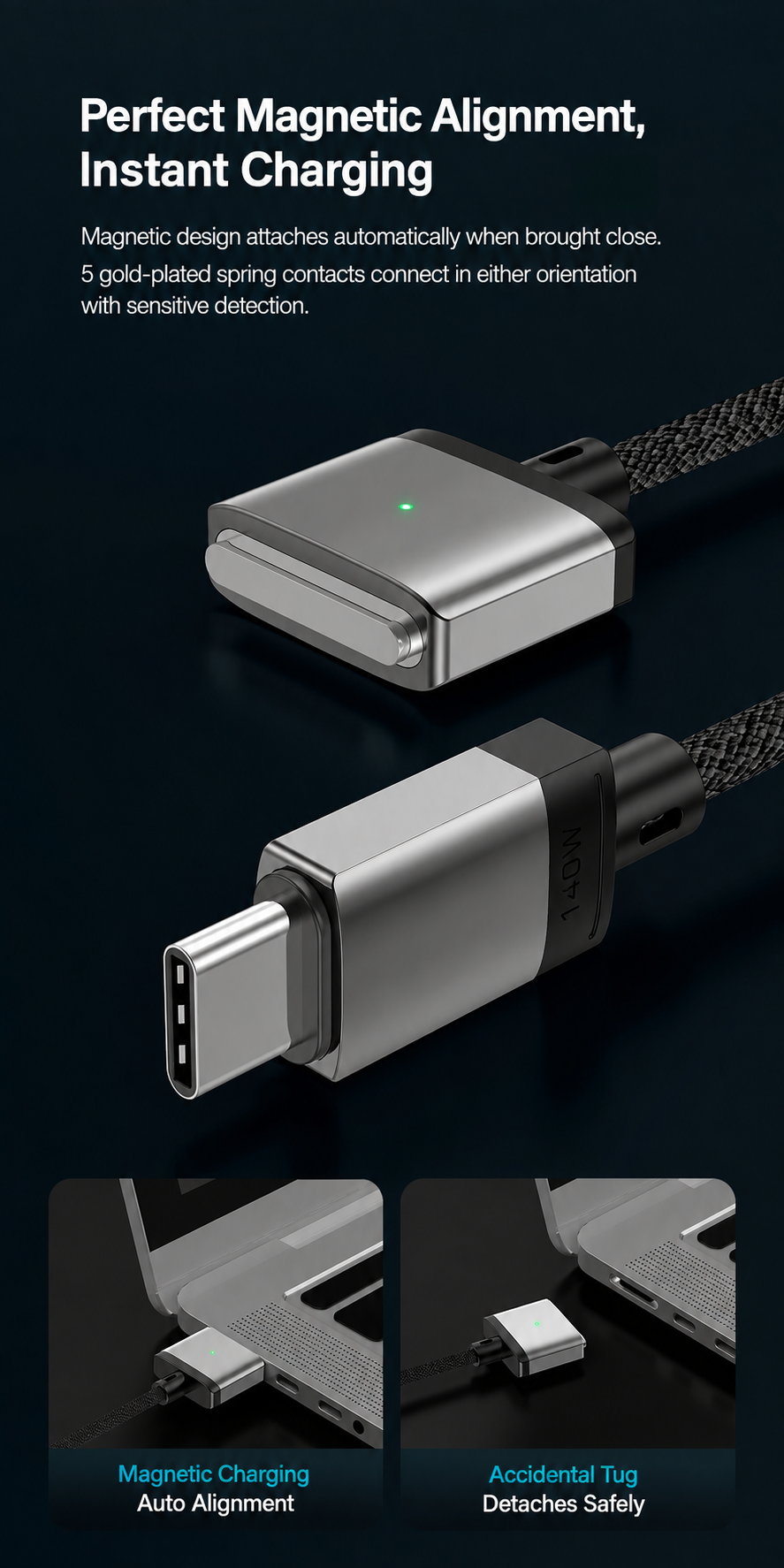 140W USB-C to MagSafe 3 Magnetic Charging Cable – 2M Braided Cord, PD 3.1 Fast Charge, LED Indicator for MacBook Air/Pro
