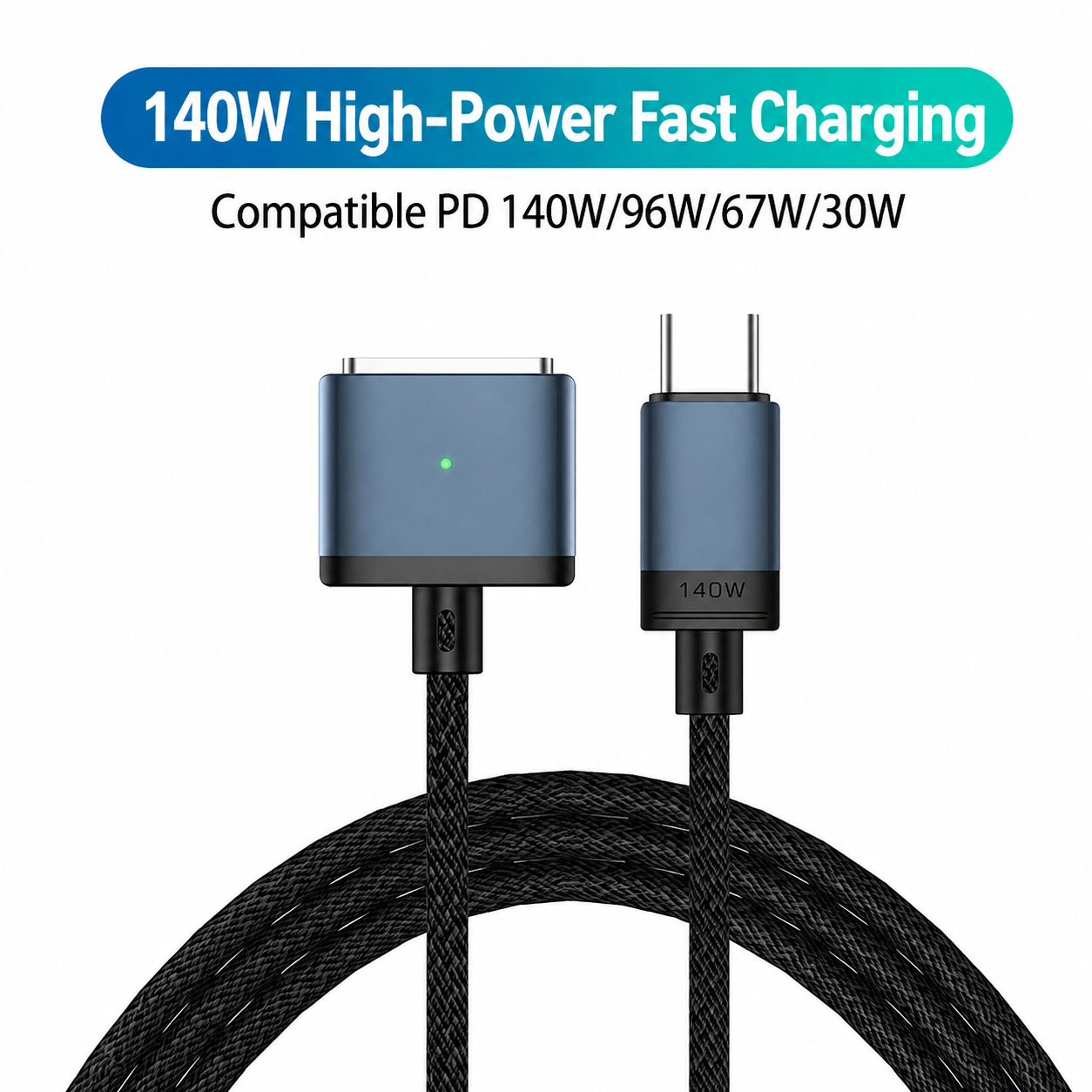 140W USB-C to MagSafe 3 Magnetic Charging Cable – 2M Braided Cord, PD 3.1 Fast Charge, LED Indicator for MacBook Air/Pro