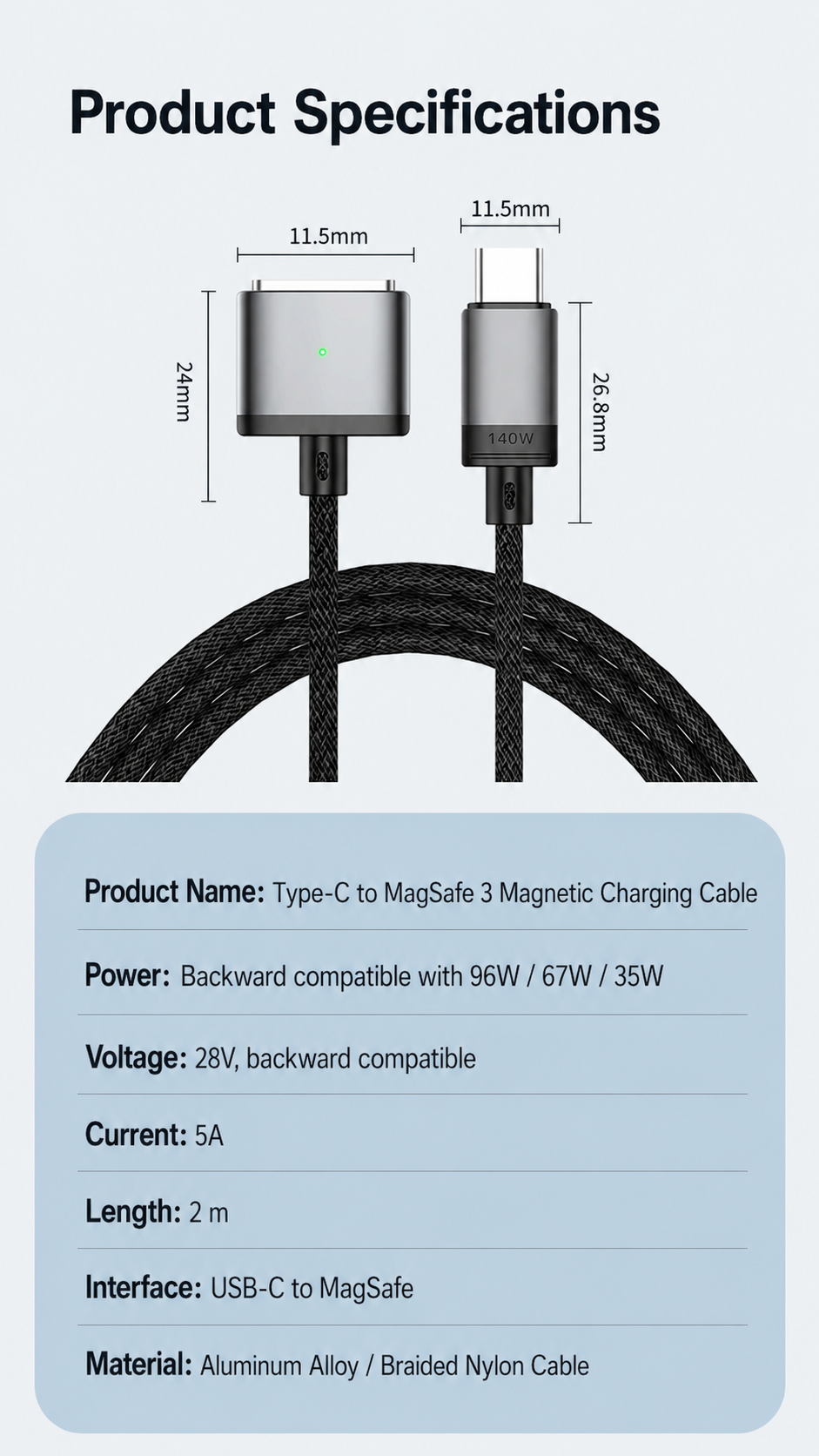 140W USB-C to MagSafe 3 Magnetic Charging Cable – 2M Braided Cord, PD 3.1 Fast Charge, LED Indicator for MacBook Air/Pro