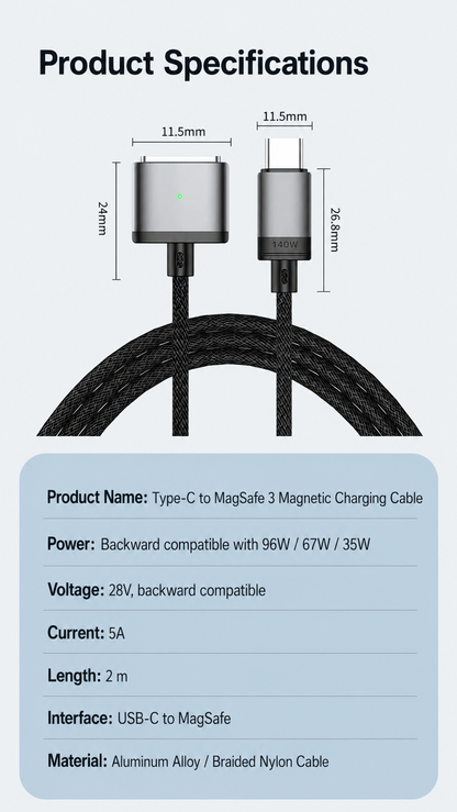Meenova 140W MagSafe 3 Charger Cable, USB-C PD 3.1 Fast Charging Cord 2m Braided Cable for MacBook Pro 16-inch, 14-inch & MacBook Air