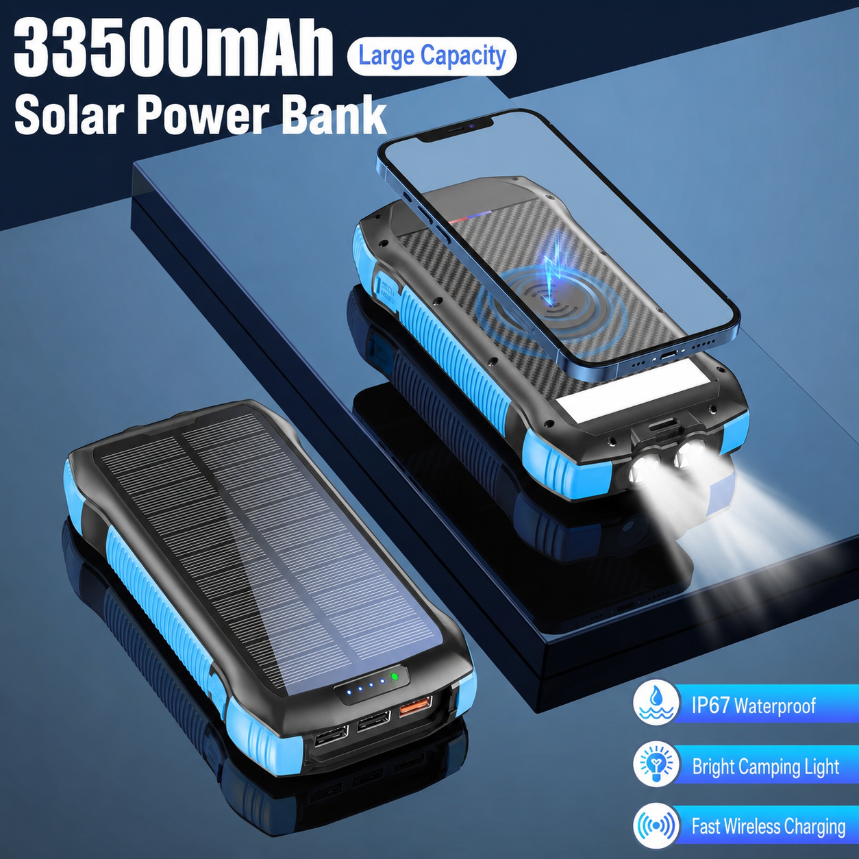 Meenova 33,500mAh Solar Power Bank with 20W PD, 10W Wireless Charging, IP67 Water Resistance & 260-Lumen Flashlight