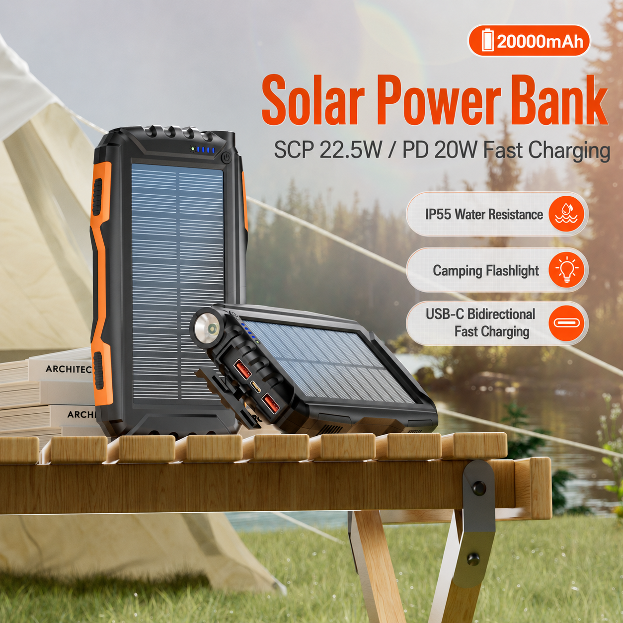 Meenova 20,000mAh Solar Power Bank with 22.5W SCP, 20W USB-C PD, IP55 Water Resistance, Flashlight & 3-Device Charging