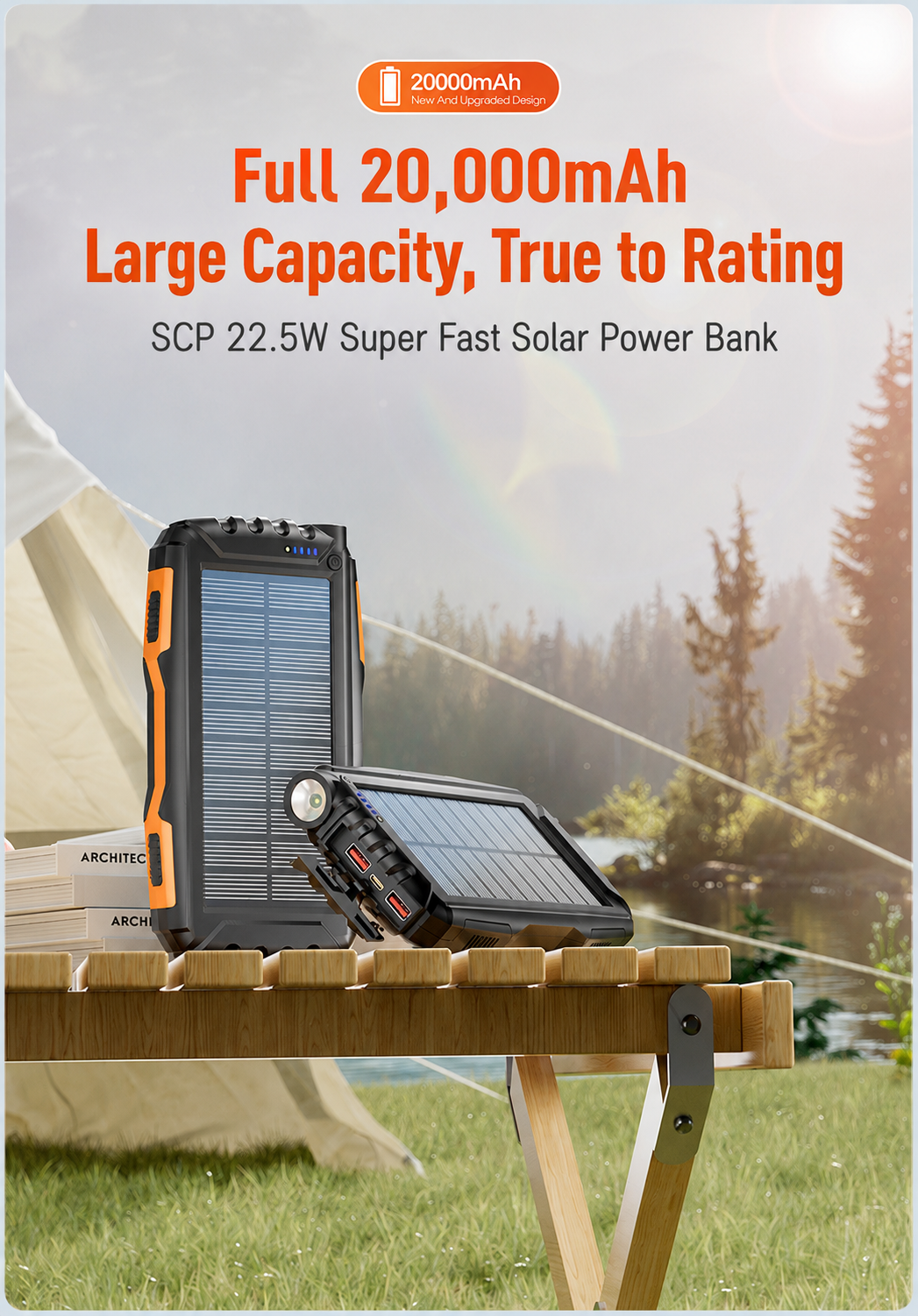 Meenova 20,000mAh Solar Power Bank with 22.5W SCP, 20W USB-C PD, IP55 Water Resistance, Flashlight & 3-Device Charging