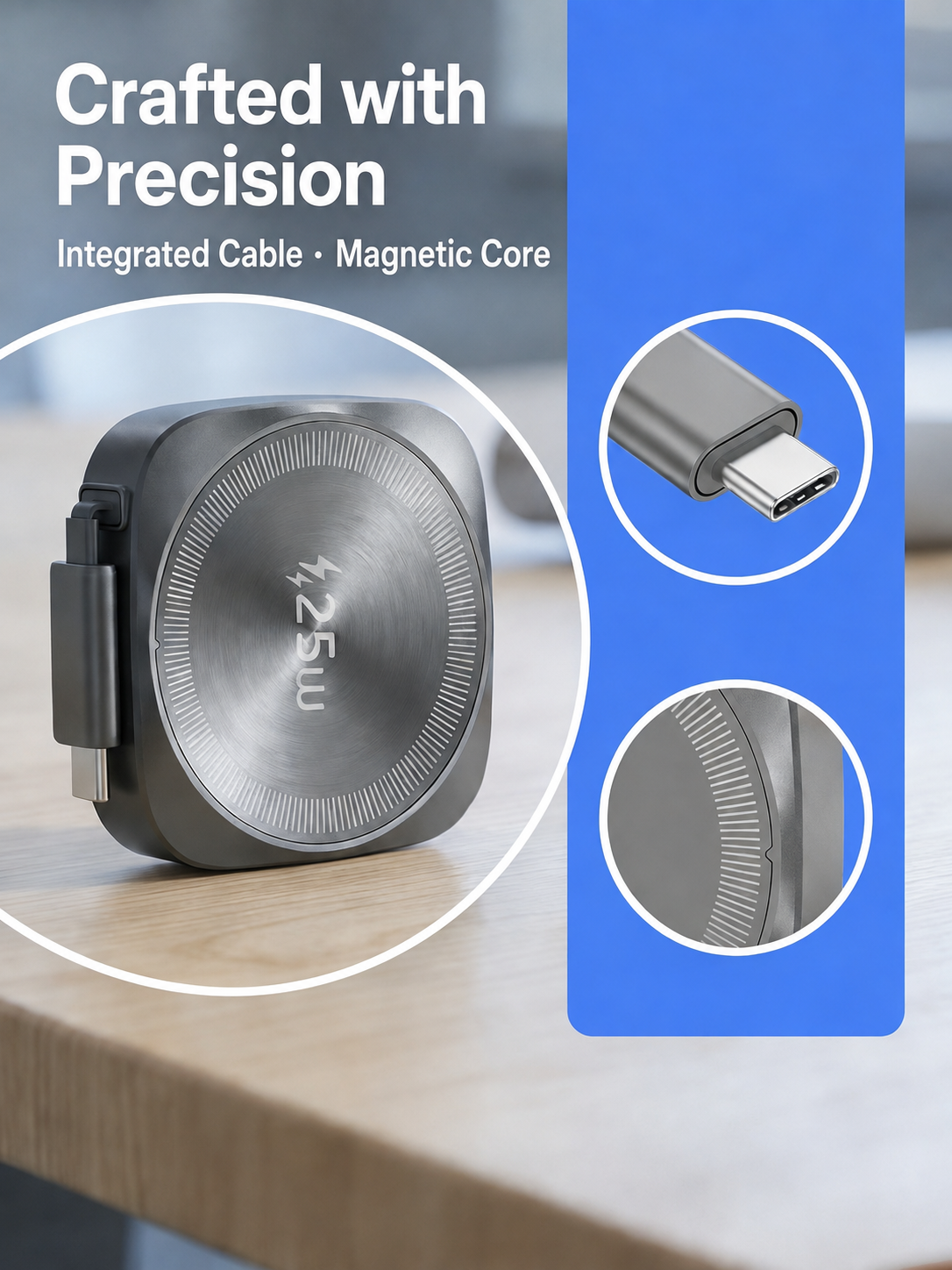 Meenova Qi2.2 25W Magnetic Wireless Charger, MagSafe-Compatible Charging Pad with Built-In 70cm Retractable USB-C Cable for iPhone 17/16/15/14/13/12 & Qi-Enabled Samsung Phones - Compact Travel & Desk Charger