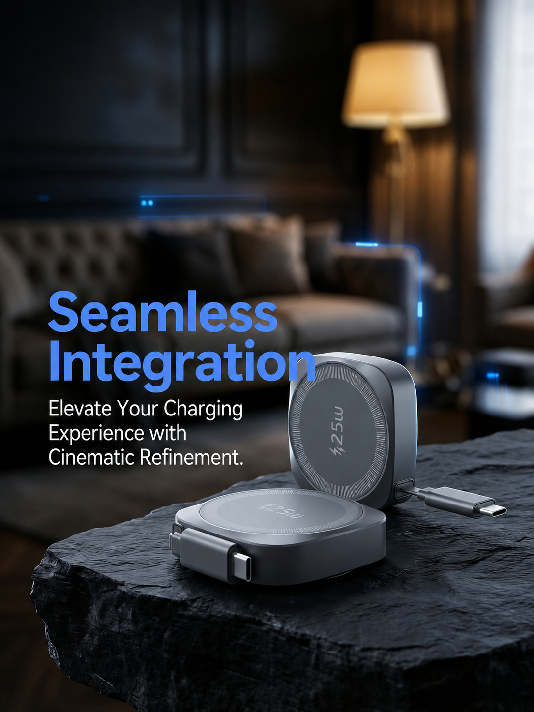 Meenova Qi2.2 25W Magnetic Wireless Charger, MagSafe-Compatible Charging Pad with Built-In 70cm Retractable USB-C Cable for iPhone 17/16/15/14/13/12 & Qi-Enabled Samsung Phones - Compact Travel & Desk Charger