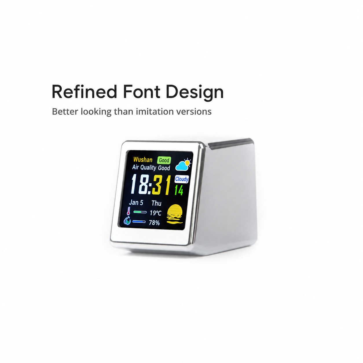 Meenova 1.54" WiFi Smart Desktop Weather Clock with Color Display, Temperature, Humidity, Calendar and Custom Animated Themes