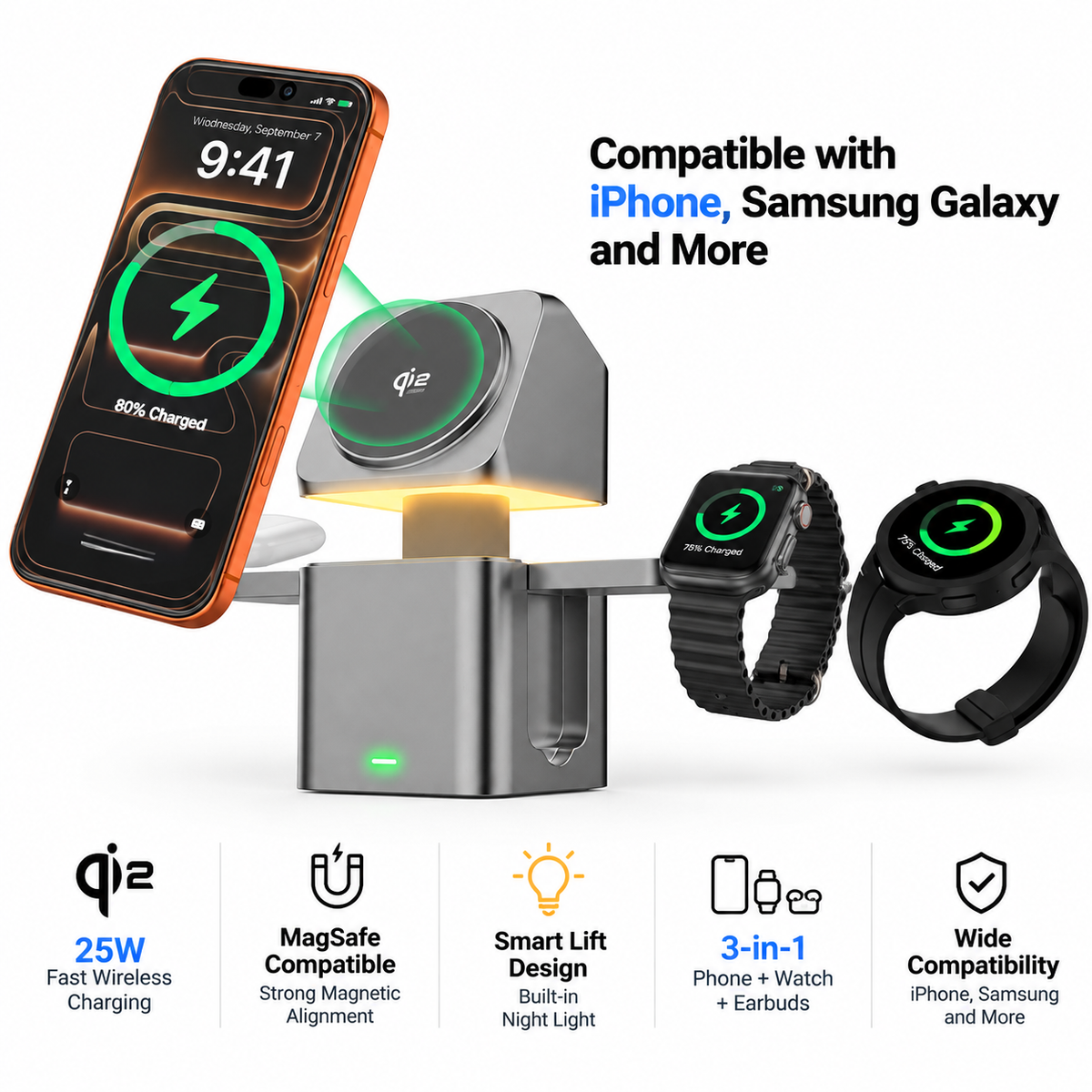 Meenova Qi2 25W MagSafe Compatible Wireless Charger with Smart Lift Night Light, 3-in-1 Charging Station for iPhone 18 Pro Max, iPhone Duo & Samsung