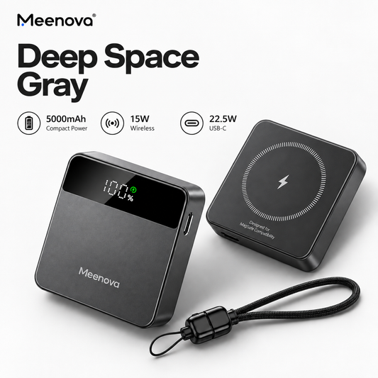 Meenova X2 Mini 3-in-1 Magnetic Power Bank, 5000mAh, Up to 15W Wireless & 22.5W USB-C, MagSafe-Compatible Portable Charger for iPhone, Apple Watch & AirPods with Digital Display, Aluminum Body & USB-C Lanyard Cable