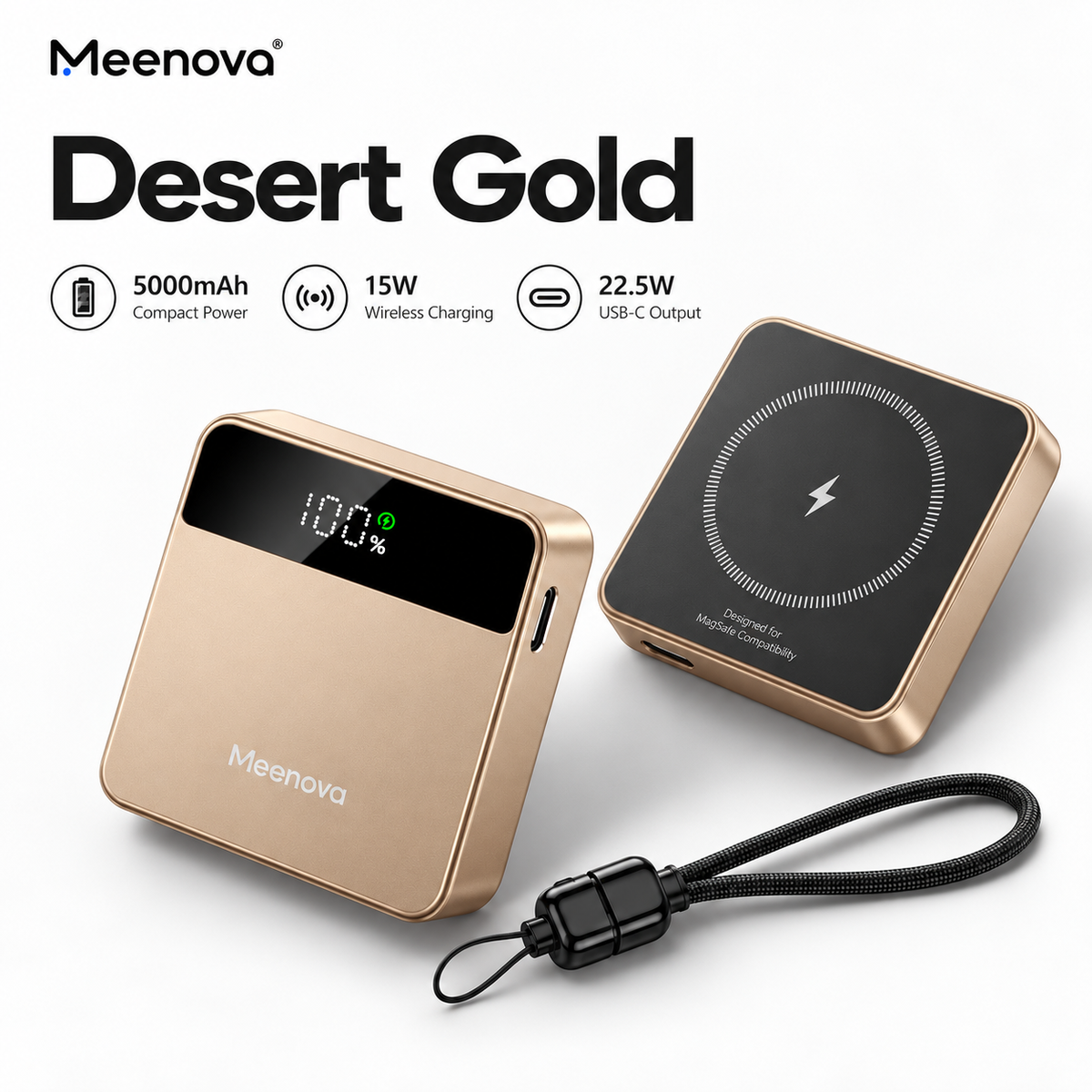 Meenova X2 Mini 3-in-1 Magnetic Power Bank, 5000mAh, Up to 15W Wireless & 22.5W USB-C, MagSafe-Compatible Portable Charger for iPhone, Apple Watch & AirPods with Digital Display, Aluminum Body & USB-C Lanyard Cable
