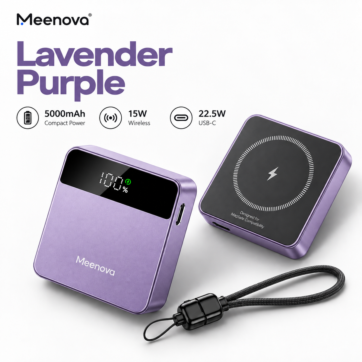 Meenova X2 Mini 3-in-1 Magnetic Power Bank, 5000mAh, Up to 15W Wireless & 22.5W USB-C, MagSafe-Compatible Portable Charger for iPhone, Apple Watch & AirPods with Digital Display, Aluminum Body & USB-C Lanyard Cable