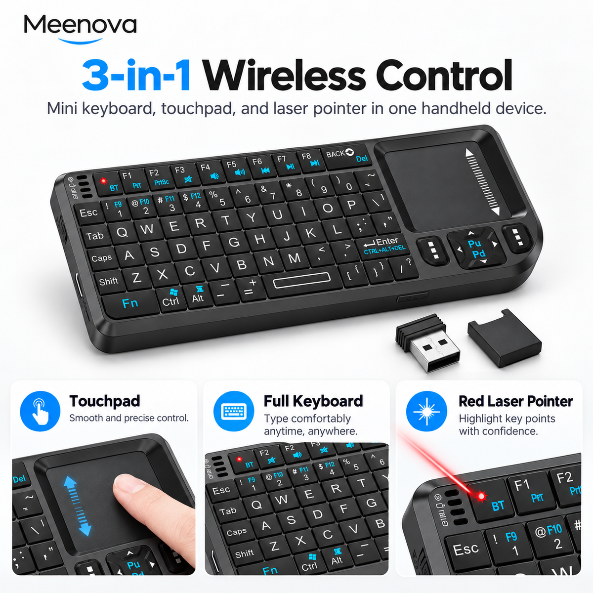Meenova 3-in-1 Mini Wireless Keyboard with Touchpad & Laser Pointer, 2.4G & Bluetooth Dual Mode, 7-Color Backlit Portable Keyboard for PC, TV, Phone & Tablet