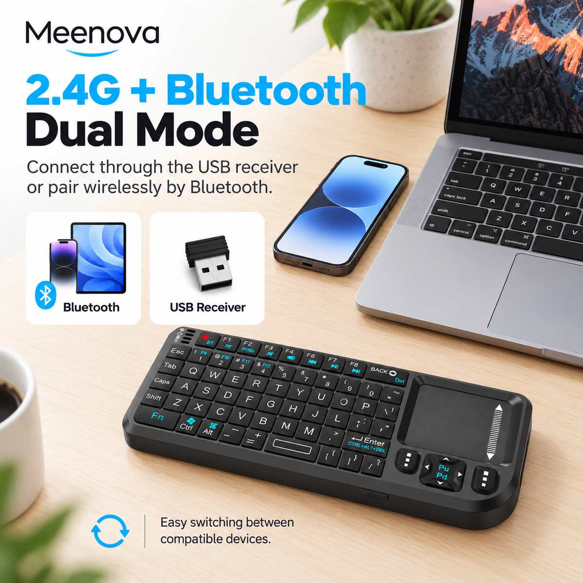 Meenova 3-in-1 Mini Wireless Keyboard with Touchpad & Laser Pointer, 2.4G & Bluetooth Dual Mode, 7-Color Backlit Portable Keyboard for PC, TV, Phone & Tablet