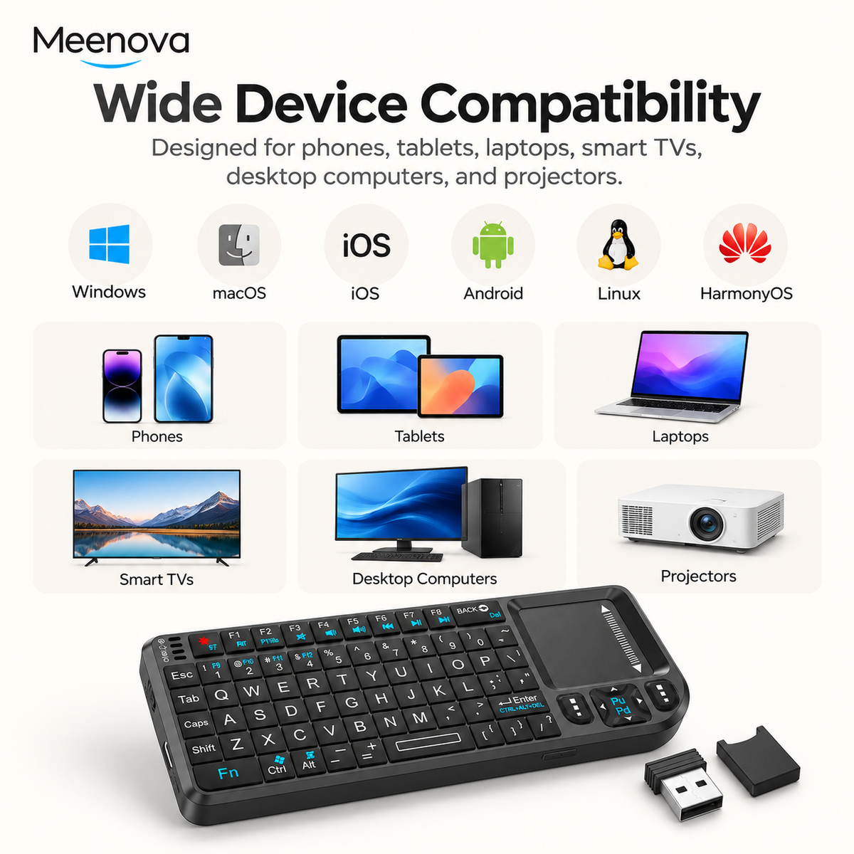 Meenova 3-in-1 Mini Wireless Keyboard with Touchpad & Laser Pointer, 2.4G & Bluetooth Dual Mode, 7-Color Backlit Portable Keyboard for PC, TV, Phone & Tablet