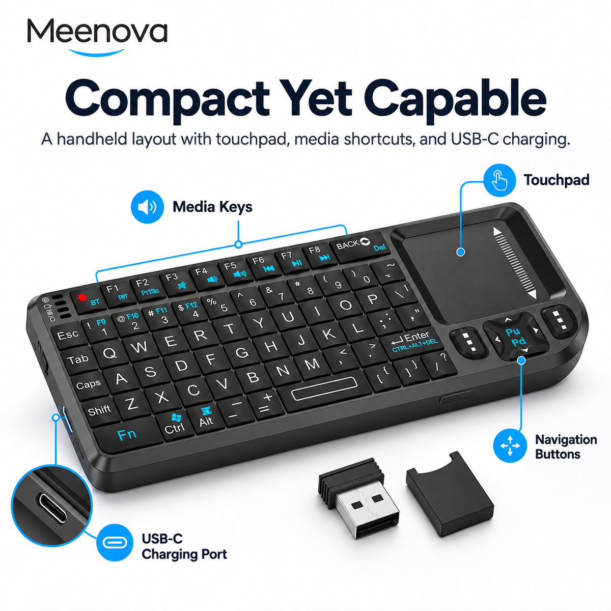 Meenova 3-in-1 Mini Wireless Keyboard with Touchpad & Laser Pointer, 2.4G & Bluetooth Dual Mode, 7-Color Backlit Portable Keyboard for PC, TV, Phone & Tablet