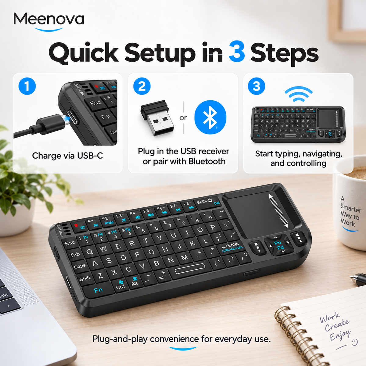 Meenova 3-in-1 Mini Wireless Keyboard with Touchpad & Laser Pointer, 2.4G & Bluetooth Dual Mode, 7-Color Backlit Portable Keyboard for PC, TV, Phone & Tablet