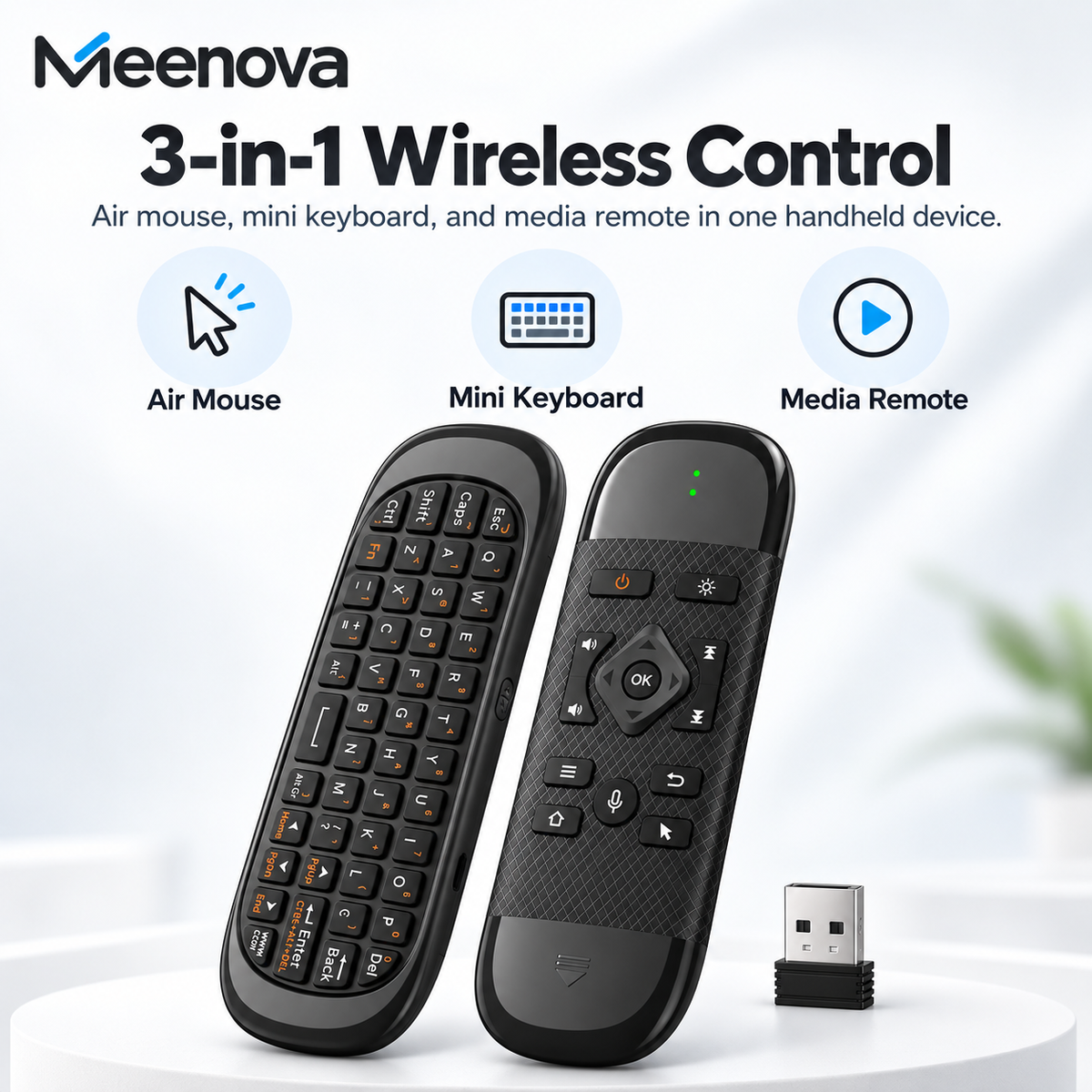 Meenova 4-in-1 Mini Wireless Keyboard with Air Mouse & Voice Control, 2.4G & Bluetooth, 7-Color Backlit Media Remote for Android TV Box, PC & Projector