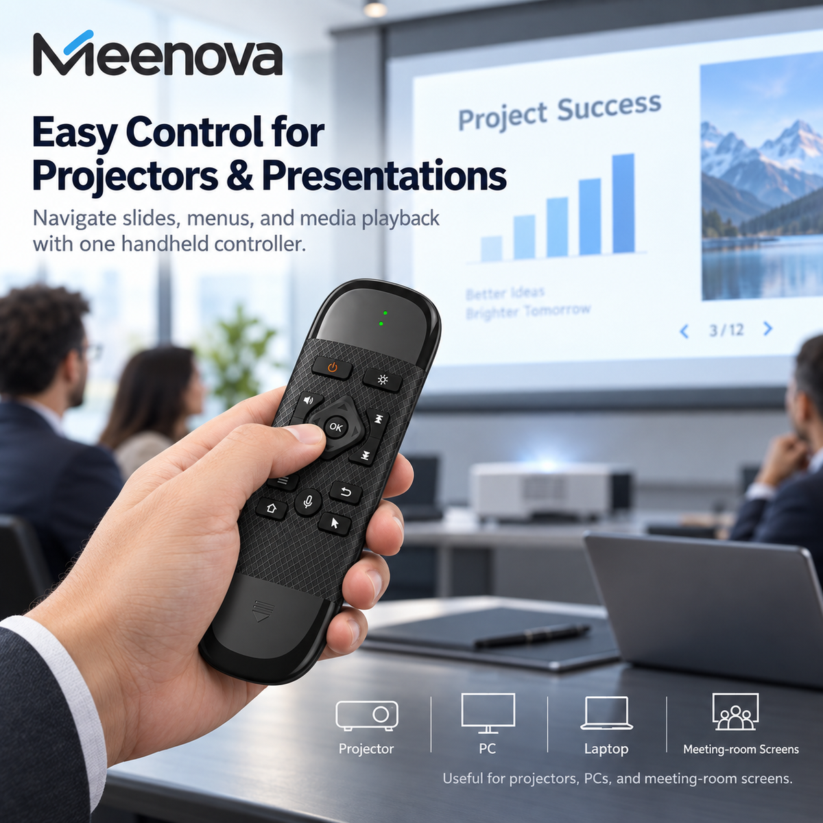 Meenova 4-in-1 Mini Wireless Keyboard with Air Mouse & Voice Control, 2.4G & Bluetooth, 7-Color Backlit Media Remote for Android TV Box, PC & Projector