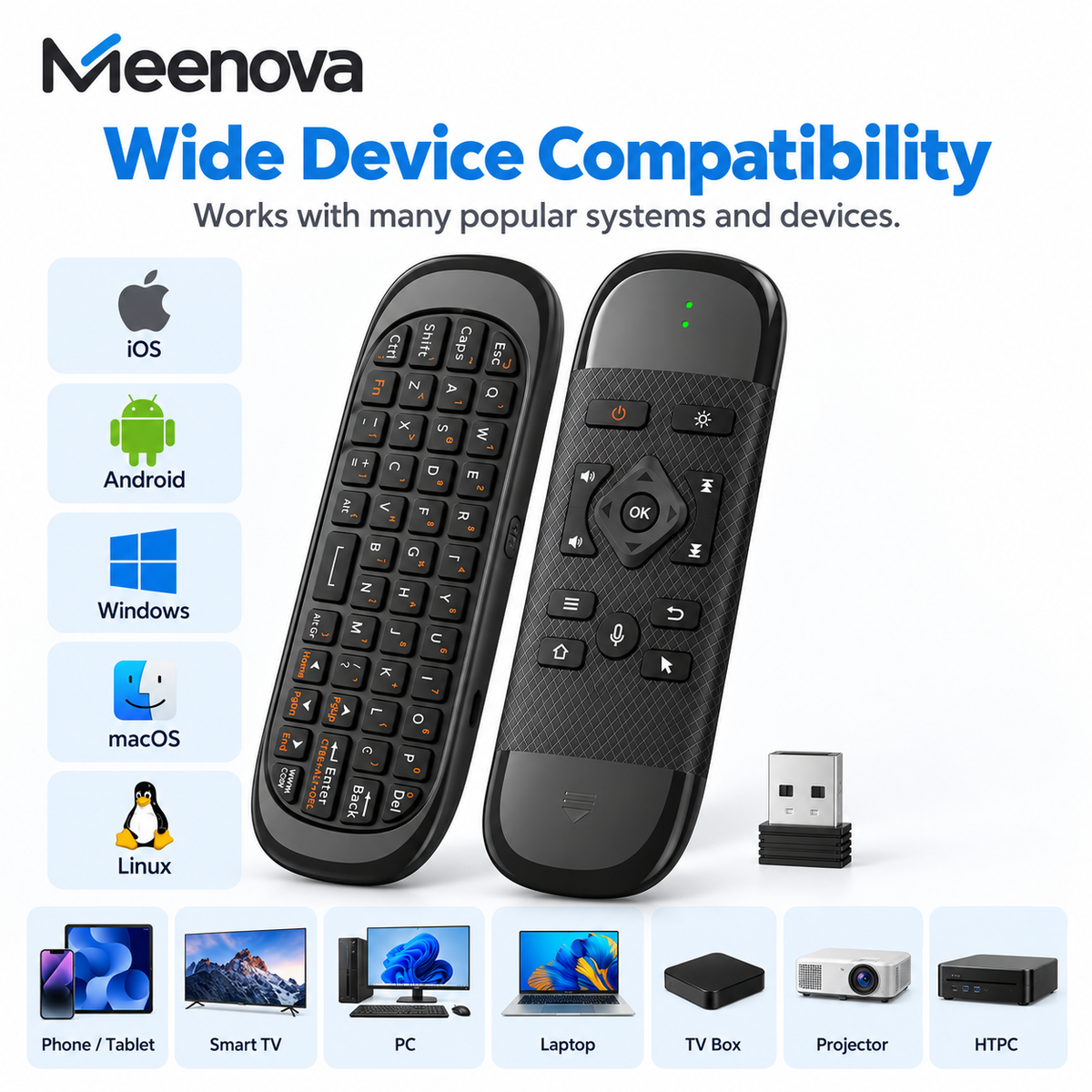 Meenova 4-in-1 Mini Wireless Keyboard with Air Mouse & Voice Control, 2.4G & Bluetooth, 7-Color Backlit Media Remote for Android TV Box, PC & Projector