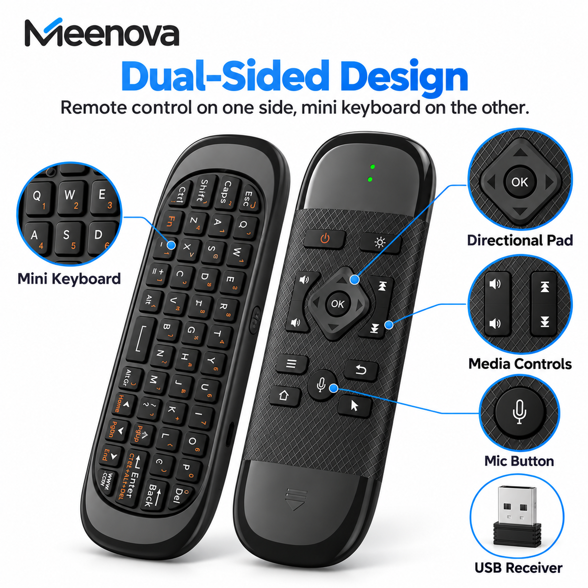 Meenova 4-in-1 Mini Wireless Keyboard with Air Mouse & Voice Control, 2.4G & Bluetooth, 7-Color Backlit Media Remote for Android TV Box, PC & Projector