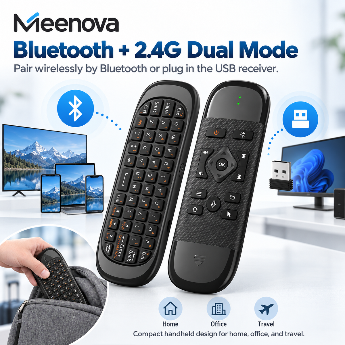 Meenova 4-in-1 Mini Wireless Keyboard with Air Mouse & Voice Control, 2.4G & Bluetooth, 7-Color Backlit Media Remote for Android TV Box, PC & Projector