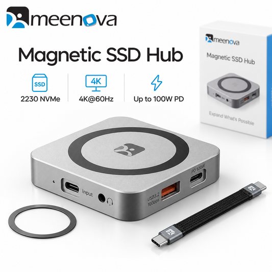 Meenova Magnetic SSD Hub, USB-C 10Gbps Expansion Dock with M.2 NVMe 2230 SSD Enclosure, 4K@60Hz HDMI, 100W PD Pass-Through