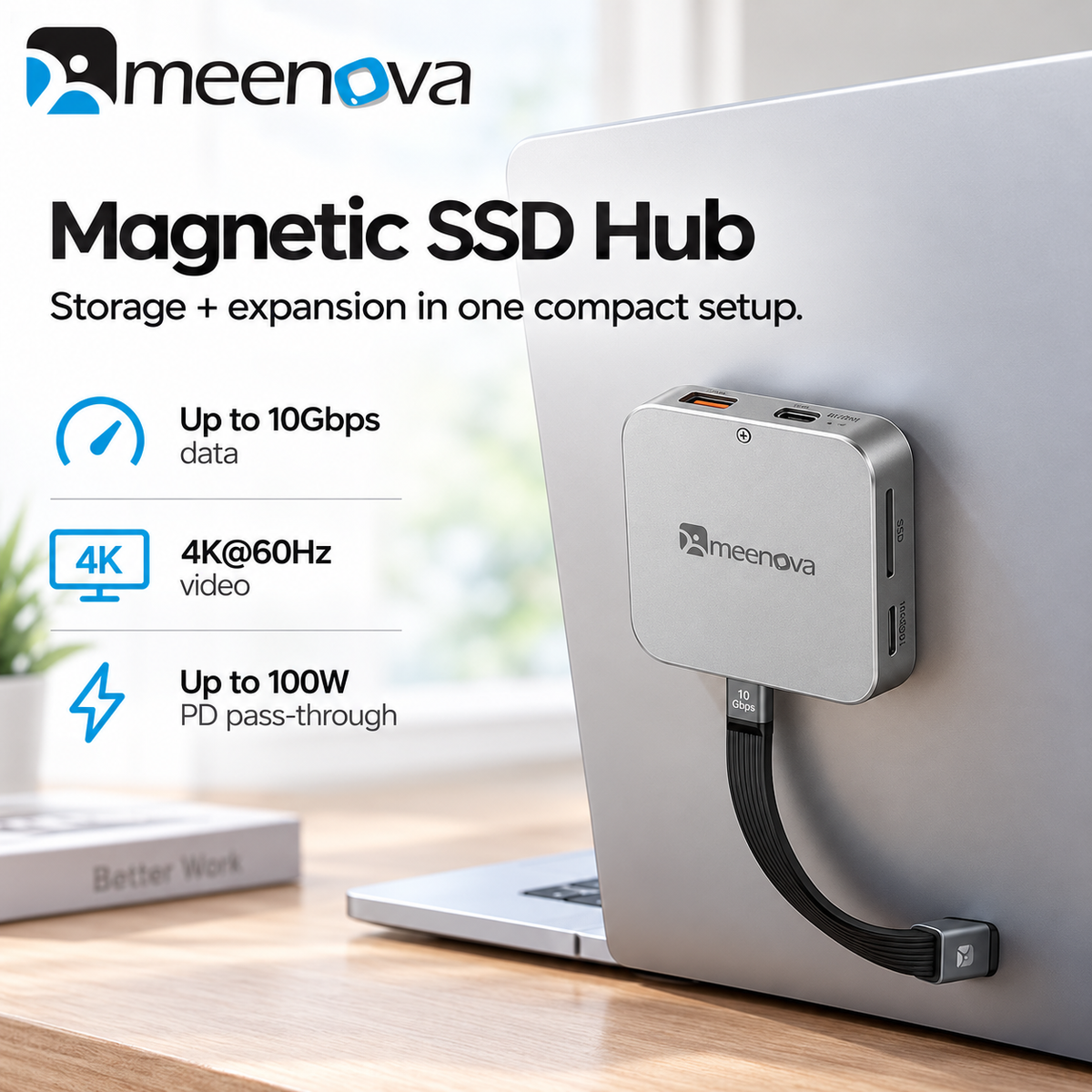 Meenova Magnetic SSD Hub, USB-C 10Gbps Expansion Dock with M.2 NVMe 2230 SSD Enclosure, 4K@60Hz HDMI, 100W PD Pass-Through