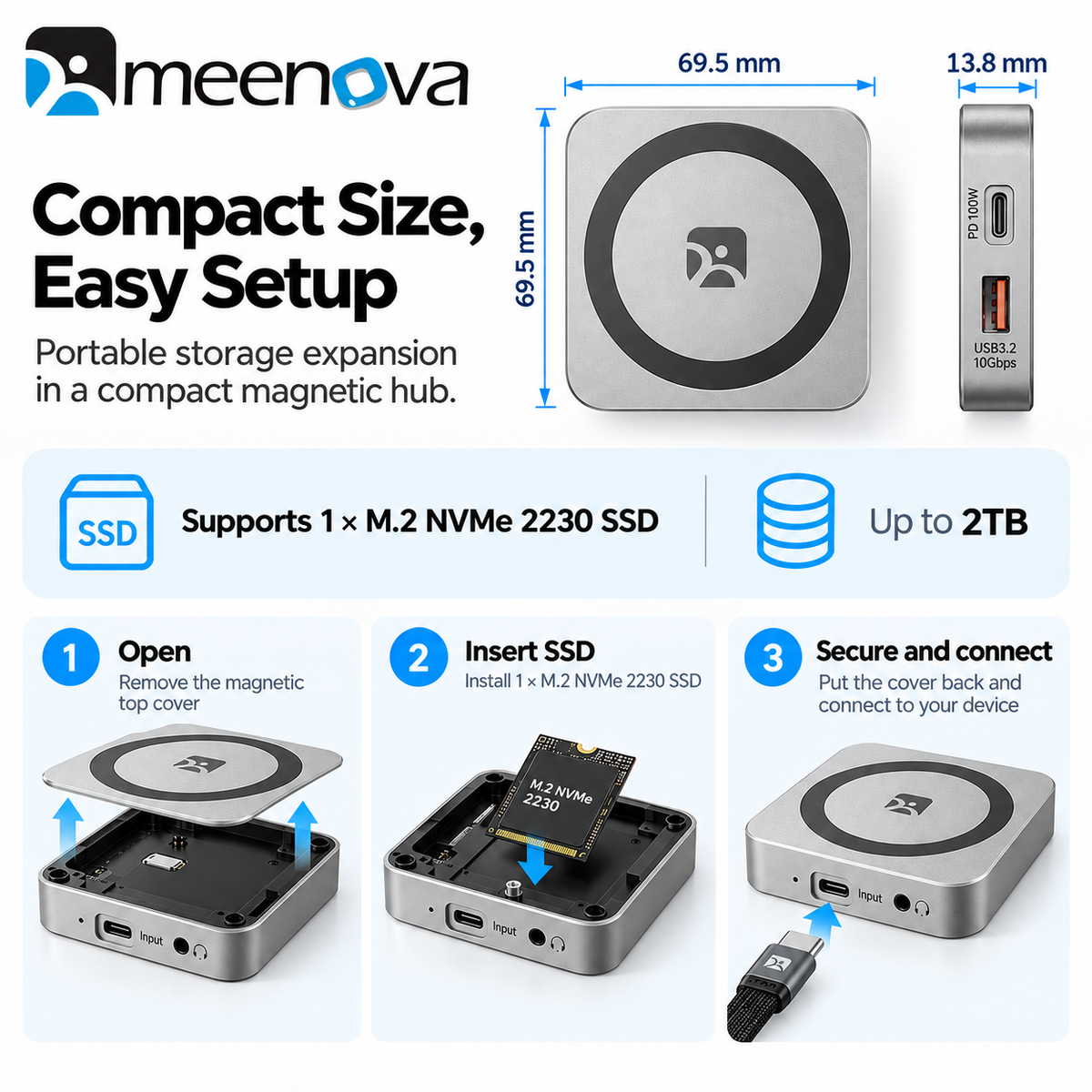Meenova Magnetic SSD Hub, USB-C 10Gbps Expansion Dock with M.2 NVMe 2230 SSD Enclosure, 4K@60Hz HDMI, 100W PD Pass-Through