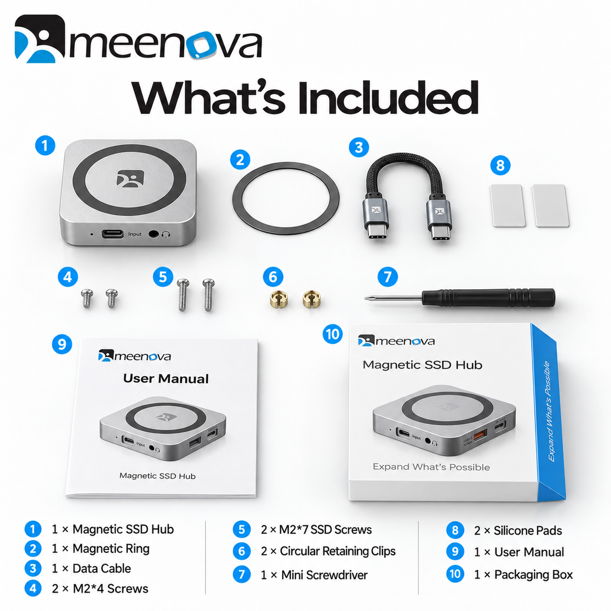 Meenova Magnetic SSD Hub, USB-C 10Gbps Expansion Dock with M.2 NVMe 2230 SSD Enclosure, 4K@60Hz HDMI, 100W PD Pass-Through