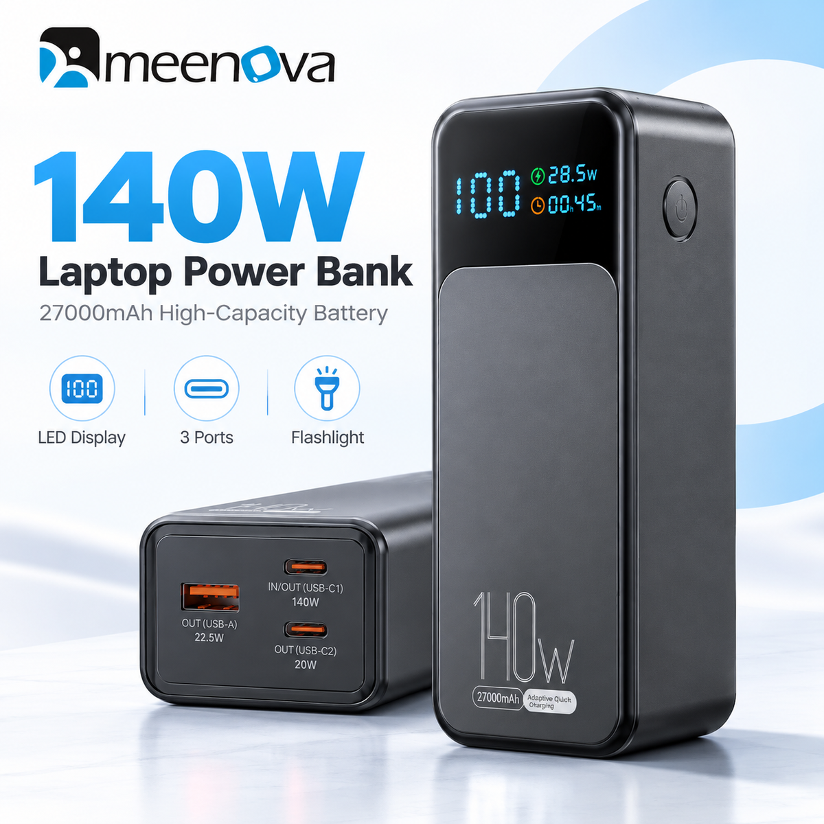 Meenova 140W Laptop Power Bank 27000mAh High Capacity Battery, USB-C PD Fast Charger with LED Display, 3-Port Portable Charger for Laptop, Tablet & Phone
