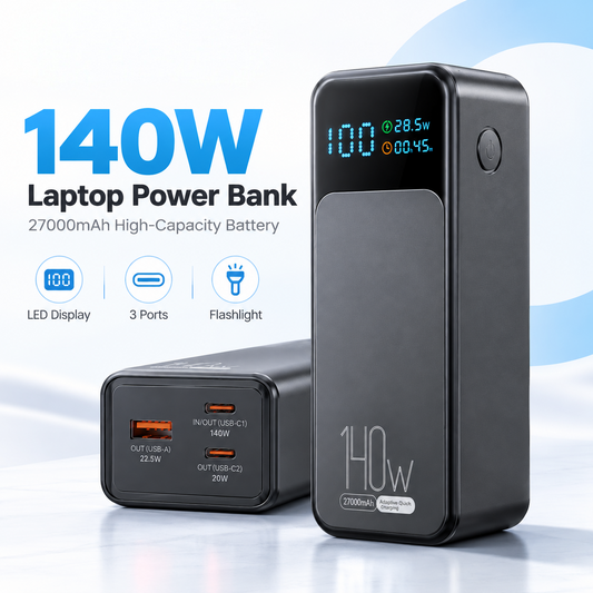 Meenova 140W Laptop Power Bank 27000mAh High Capacity Battery, USB-C PD Fast Charger with LED Display, 3-Port Portable Charger for iPhone 18 Pro Max, iPhone Duo, Laptop & Tablet