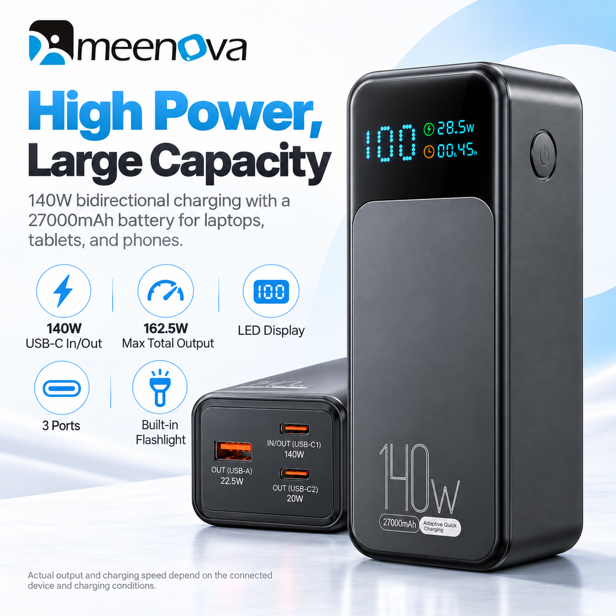 Meenova 140W Laptop Power Bank 27000mAh High Capacity Battery, USB-C PD Fast Charger with LED Display, 3-Port Portable Charger for Laptop, Tablet & Phone