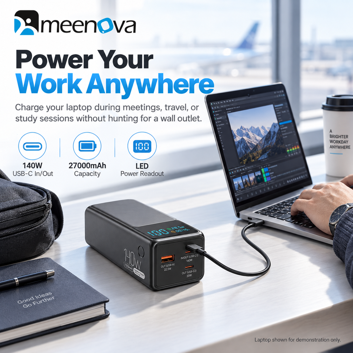 Meenova 140W Laptop Power Bank 27000mAh High Capacity Battery, USB-C PD Fast Charger with LED Display, 3-Port Portable Charger for Laptop, Tablet & Phone