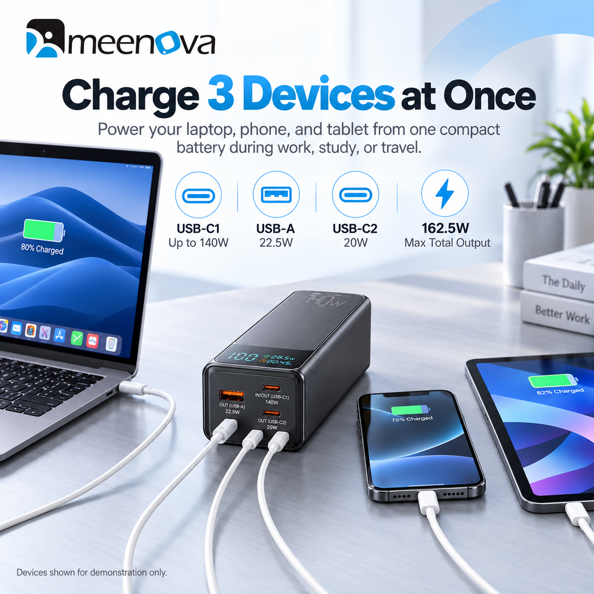 Meenova 140W Laptop Power Bank 27000mAh High Capacity Battery, USB-C PD Fast Charger with LED Display, 3-Port Portable Charger for Laptop, Tablet & Phone