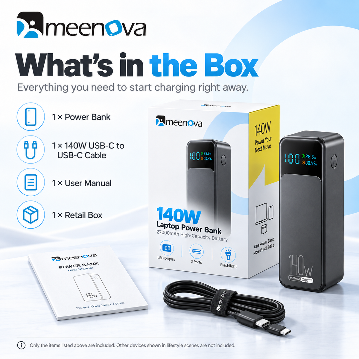 Meenova 140W Laptop Power Bank 27000mAh High Capacity Battery, USB-C PD Fast Charger with LED Display, 3-Port Portable Charger for Laptop, Tablet & Phone