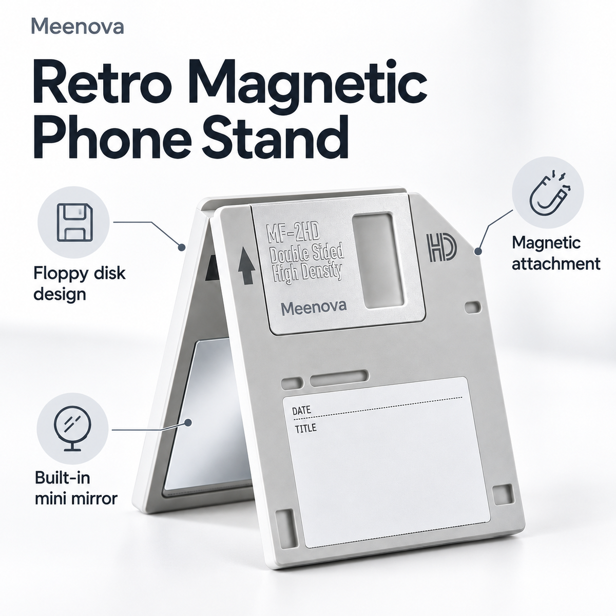 Meenova Retro Floppy Disk Magnetic Phone Stand with Mirror, Foldable Acrylic Desktop Holder 英文 HTML 描述